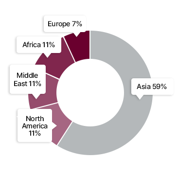 아시아 59% 북아메리카 11% 중동 11% 아프리카 11% 유럽 7%