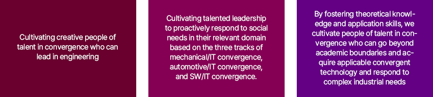 
		Cultivating creative people of talent in convergence who can lead in engineering,
		Cultivating talented leadership to proactively respond to social needs in their relevant domain based on the three tracks of mechanical/IT convergence, automotive/IT convergence, and SW/IT convergence.,
		By fostering theoretical knowledge and application skills, we cultivate people of talent in convergence who can go beyond academic boundaries and acquire applicable convergent technology and respond to complex industrial needs